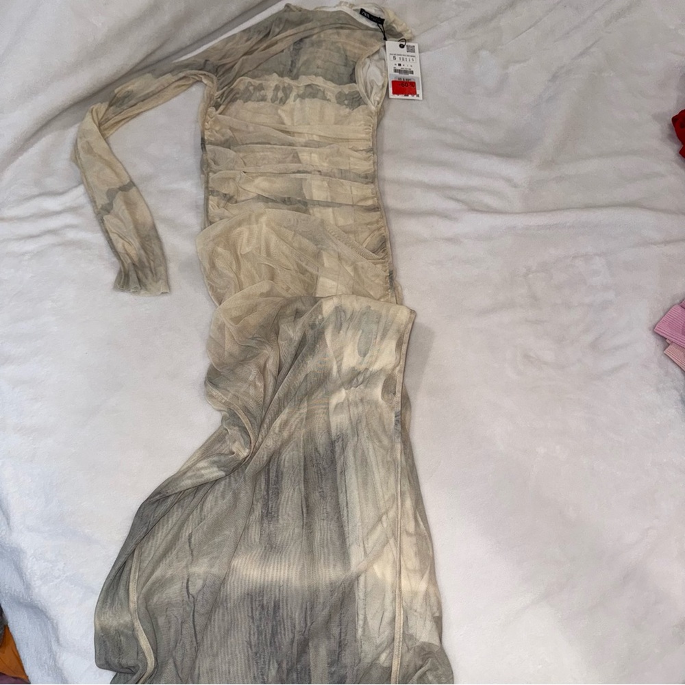 Zara Sheer Long Sleeve Mesh Dress in Cream and Gray